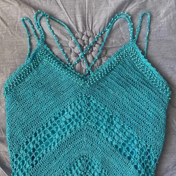 SOLD! 90s/ Y2K Beaded Blue Boho Tank Top with Fringe - Picture 5 of 8